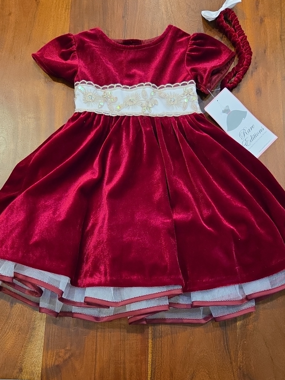 Vintage 1990's Rare Editions Red Velvet Dress with Embroidered Waist 2T NWT